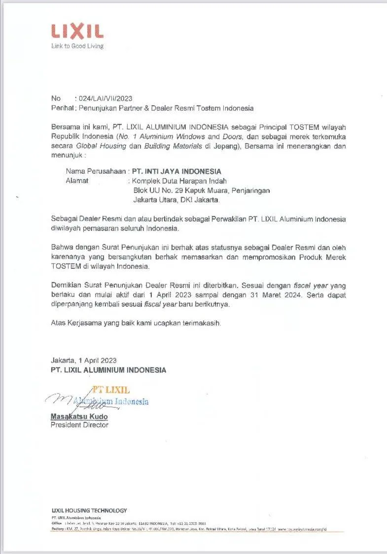 Sertifikat Distributor uPVC - PT. Inti Jaya Distributor Pintu UPVC & Jendela uPVC Jakarta